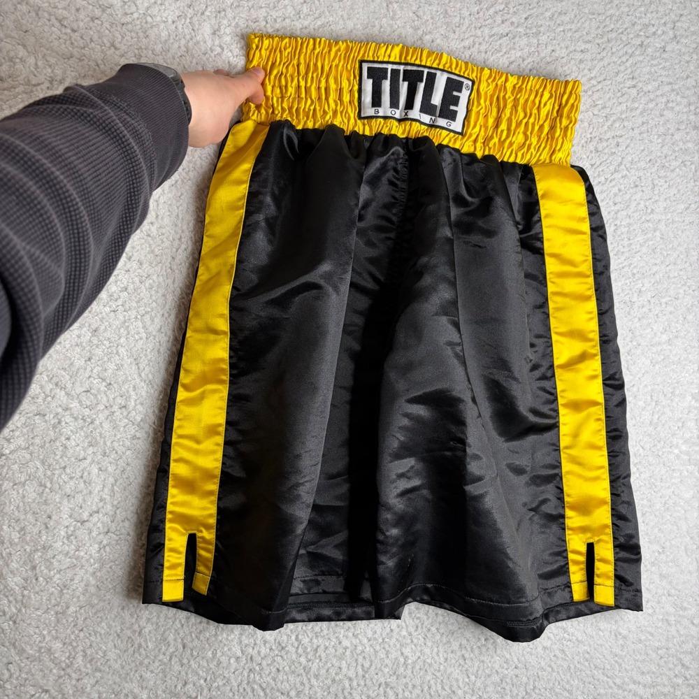 Vintage Title Boxing Trunks Mens XL Black Yellow Satin Athletic Training Shorts
